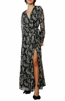 CIEBON Bailey Floral Metallic Long Sleeve Plissé Wrap Dress