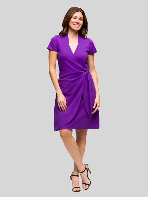 Mandarin Collar Knee Length Wrap Dress