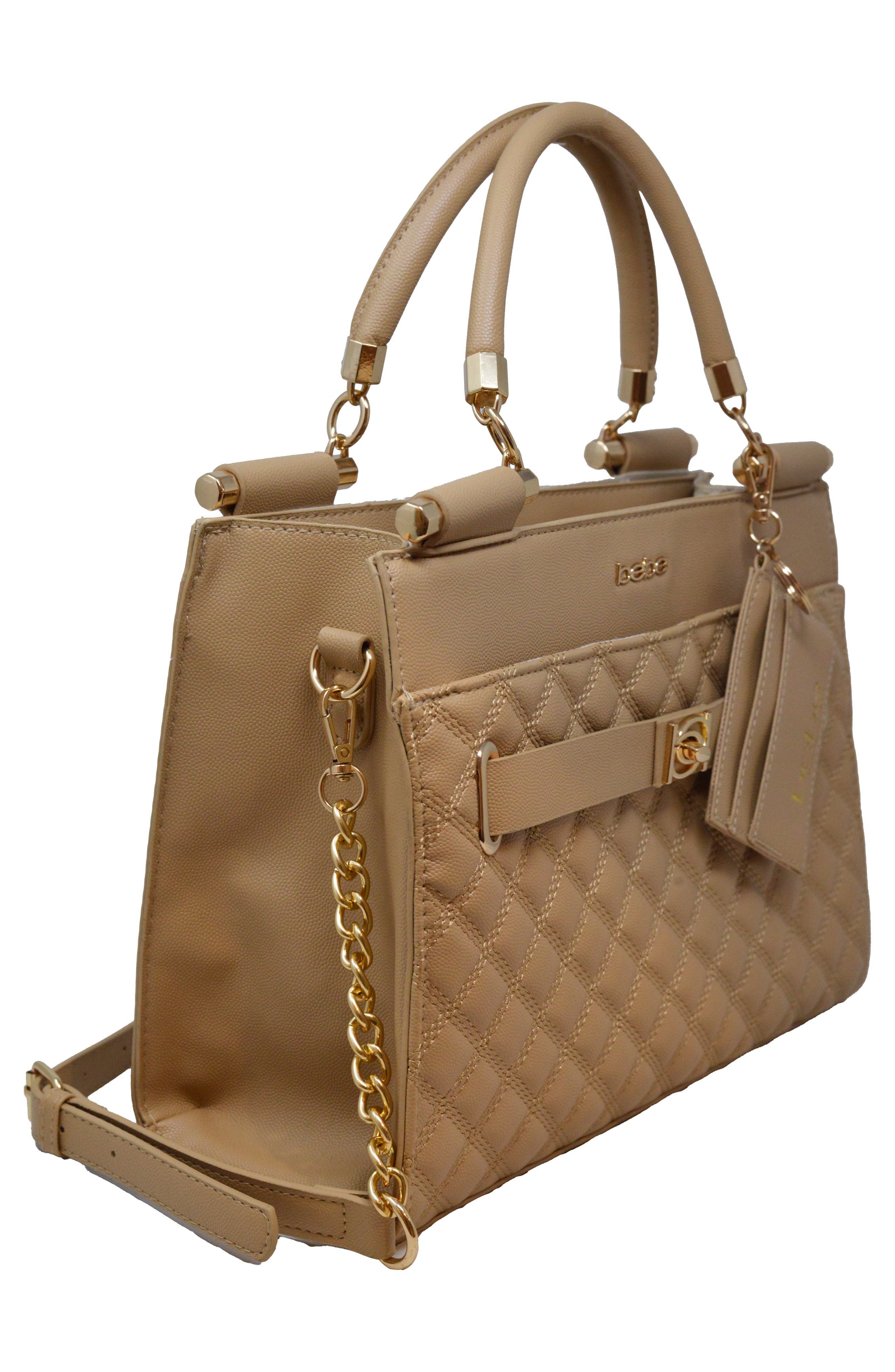 bebe Alex Quilted Satchel, Alternate, color, Almond