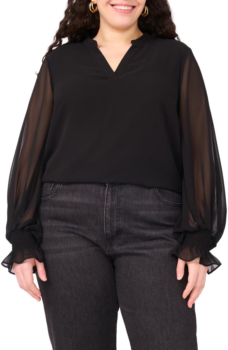 Vince Camuto Split Neck Sheer Long Sleeve Chiffon Top, Main, color, Rich Black