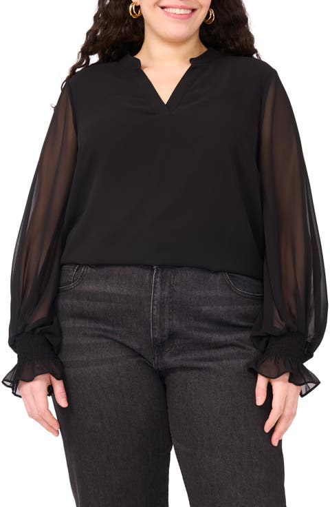 Split Neck Sheer Long Sleeve Chiffon Top (Plus)
