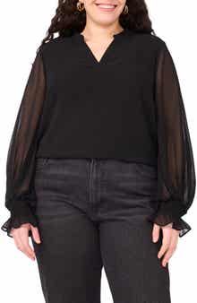 Vince Camuto Split Neck Sheer Long Sleeve Chiffon Top