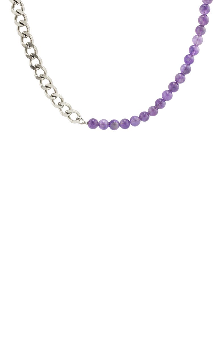 REBL Gender Inclusive Half Cuban Half Beaded Chain Necklace, Alternate, color, Silver/ Purple