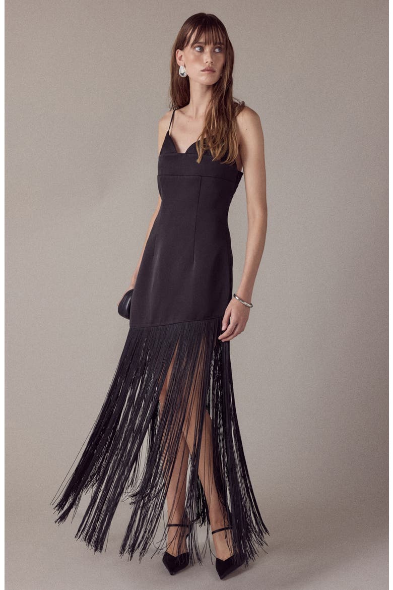 One-Shoulder Fringe Satin Maxi Dress, Alternate, color, BLACK