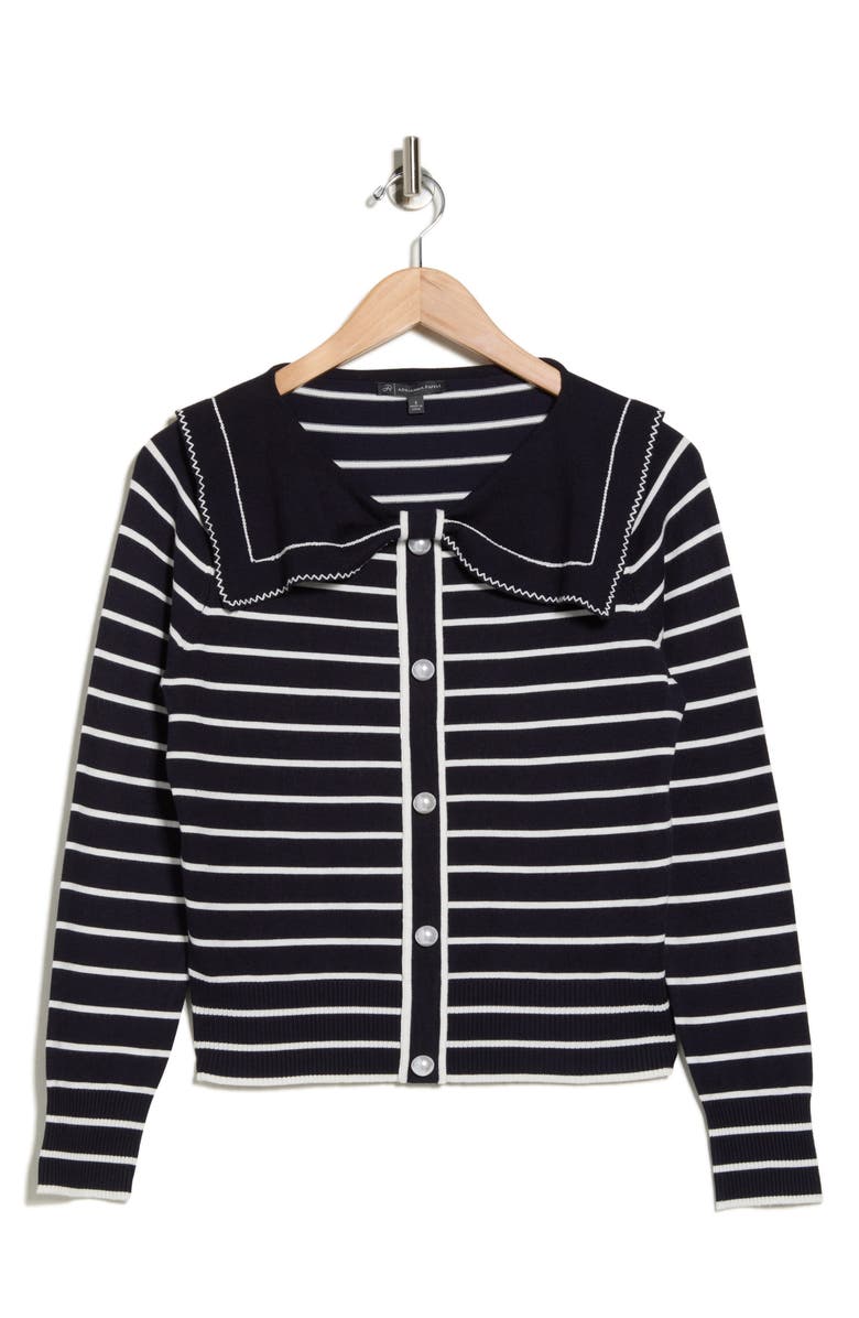 Adrianna Papell Stripe Bow Cardigan, Alternate, color, Navy/ Ivory