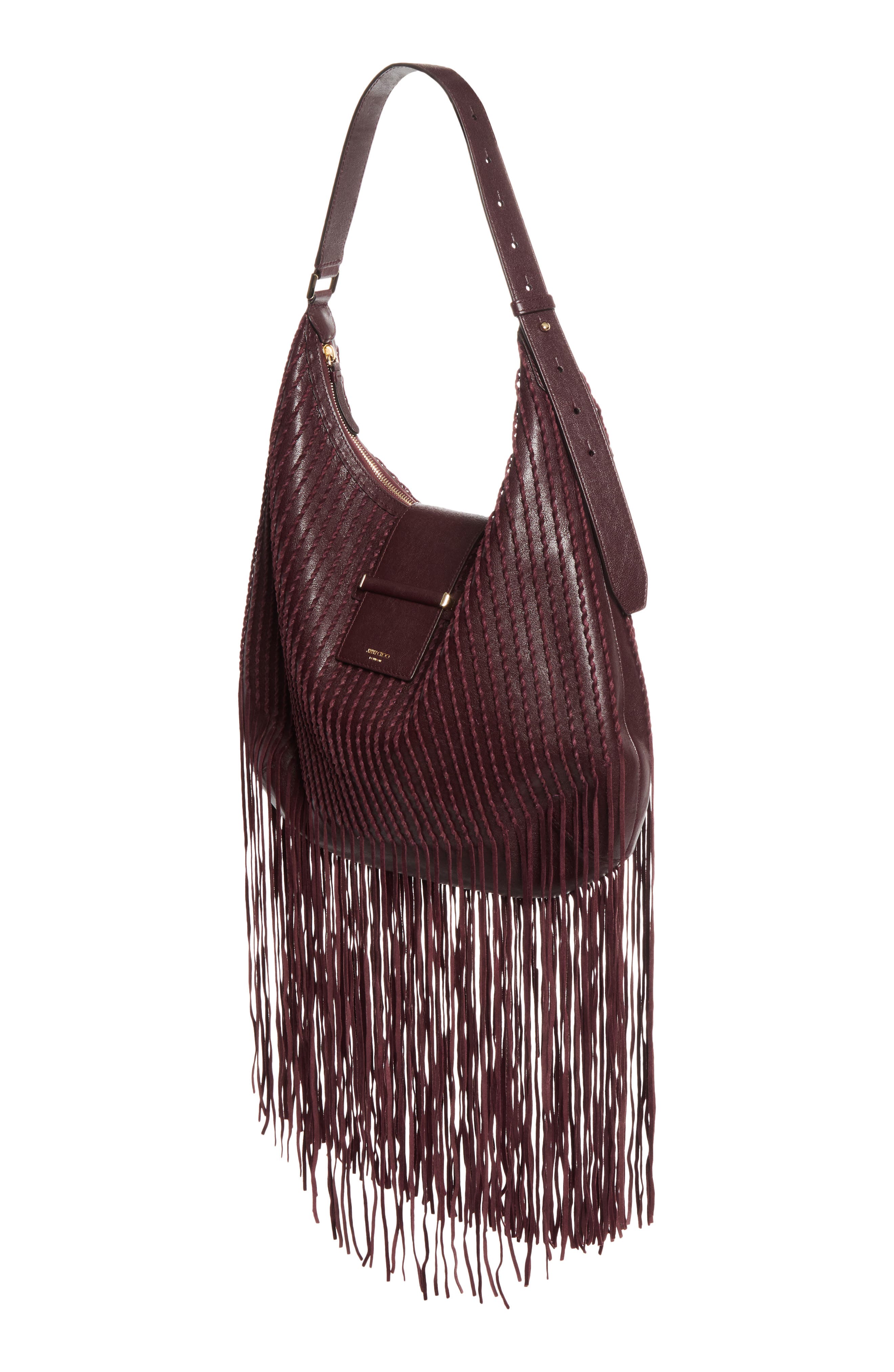 Bar Medium Leather Fringe Hobo, Alternate, color, DEEP MERLOT/ SHINY GOLD