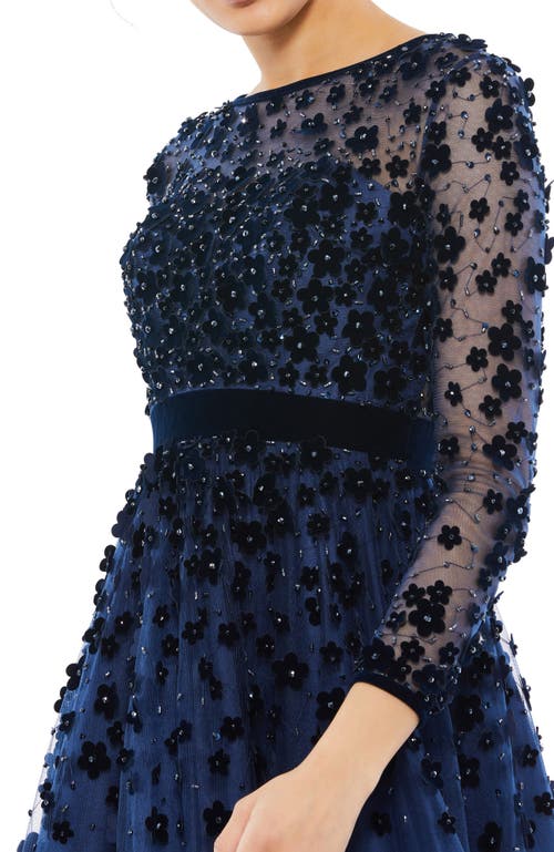 Mac Duggal Embellished Illusion High Neck Long Sleeve Fit & Flare Dress In Midnight