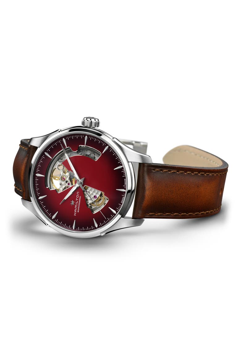 Jazzmaster Open Heart Automatic Leather Strap Watch, 40mm, Alternate, color, RED