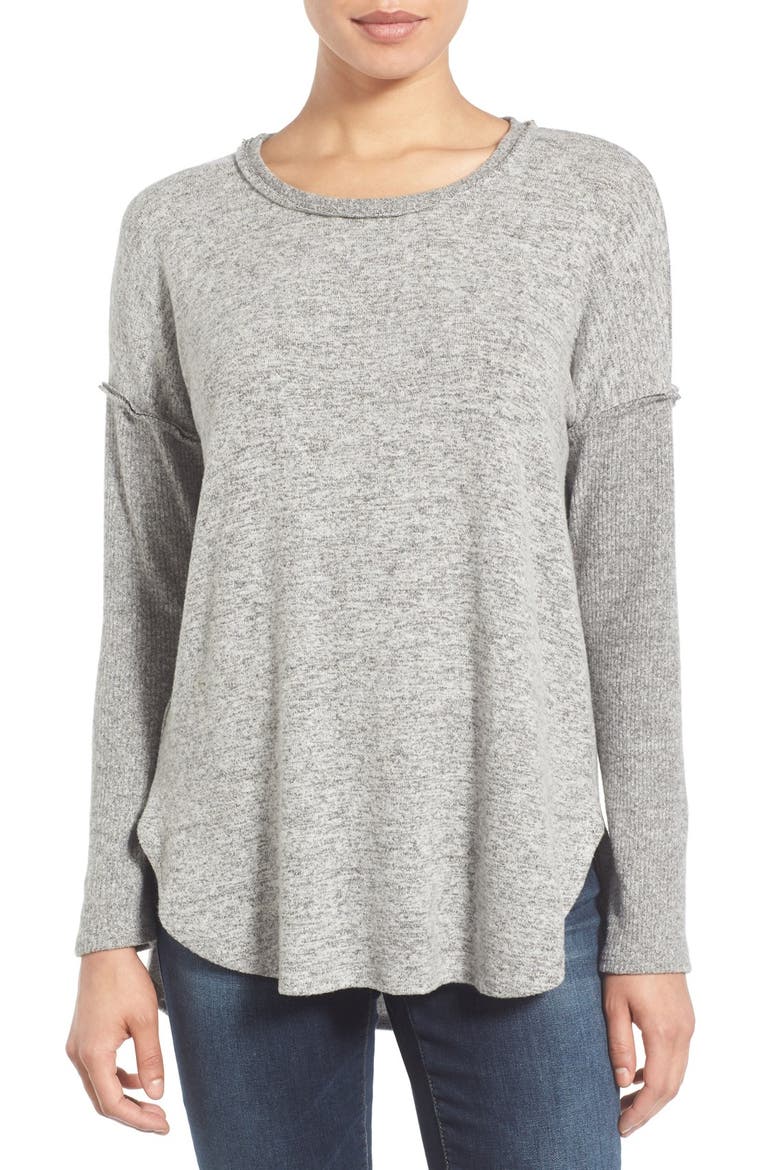 Rib Long Sleeve Fuzzy Top, Main, color, LIGHT HEATHER GREY
