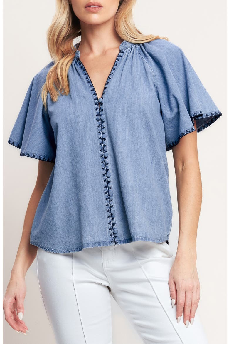 Chambray Button Up Top, Main, color, LIGHT INDIGO