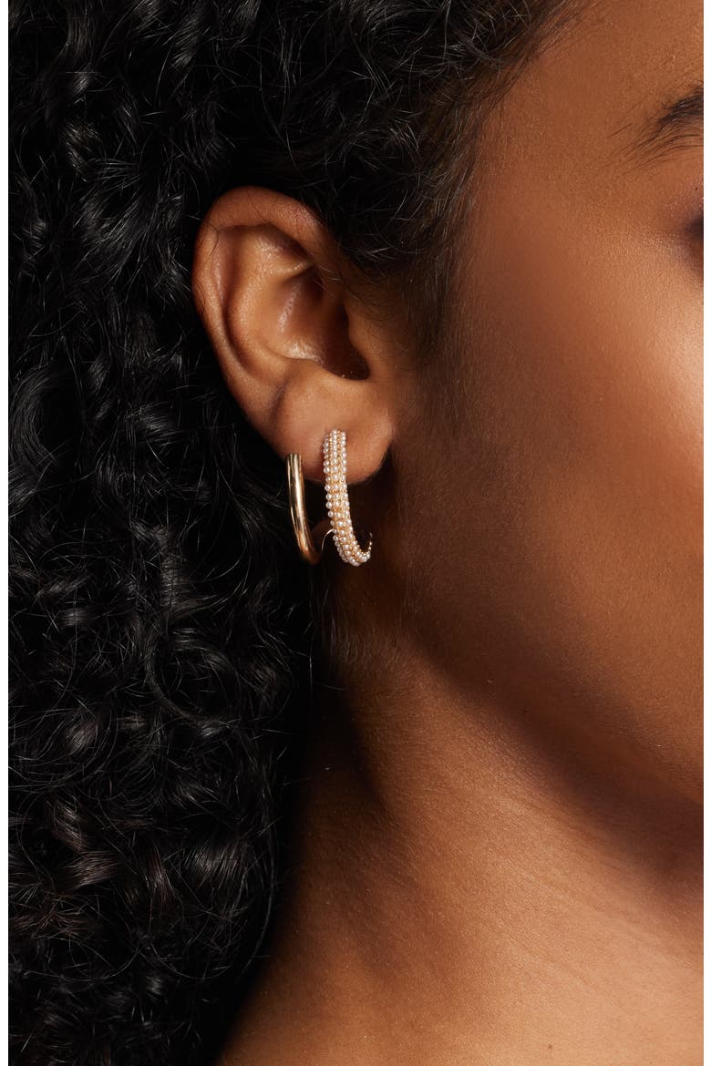 Faux Pearl Hoop Earrings, Alternate, color, WHITE- GOLD