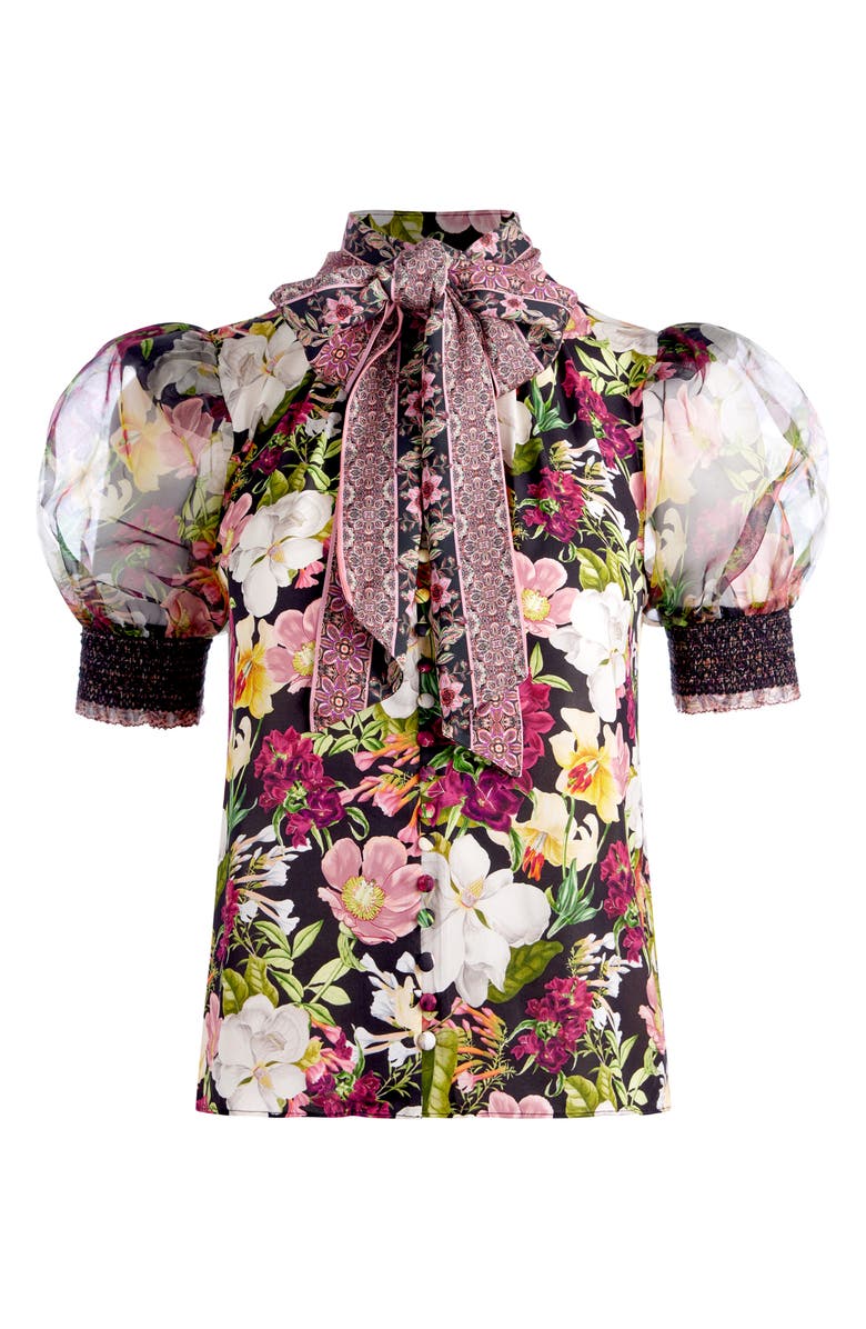 Alice + Olivia Brentley Floral Tie Neck Puff Sleeve Top, Alternate, color, 