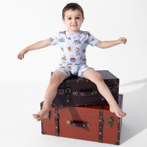 Bellabu Bear Vintage Suitcases Kids 2-piece Short Sleeve & Shorts Pajama Set In Blue