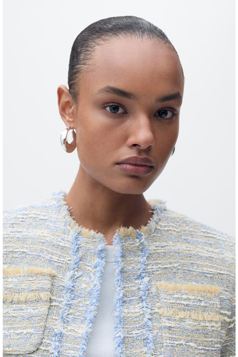 Fringe Detail Cotton Blend Tweed Jacket, Alternate, color, SKY BLUE
