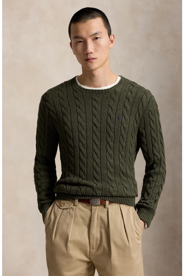 Cable Stitch Cotton Crewneck Sweater, Alternate, color, OLVHTHR
