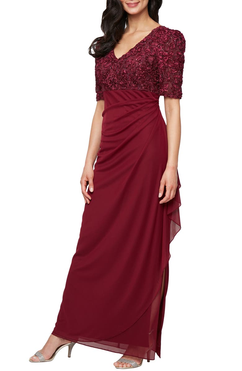 Alex Evenings Embellished Short Sleeve Empire Waist Gown, Main, color, Wine