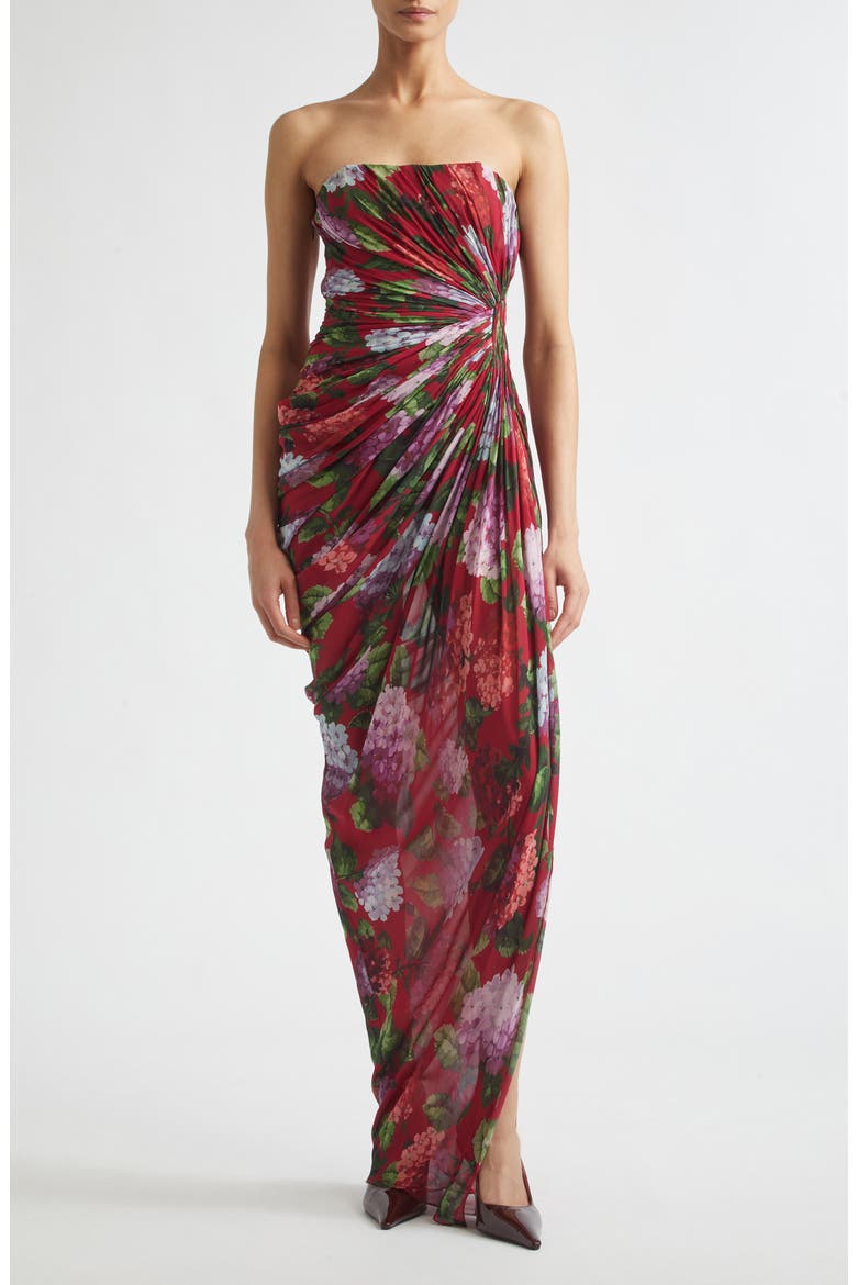 Hydrangea Print Strapless Ruched Silk Chiffon Gown, Main, color, CRANBERRY MULTI