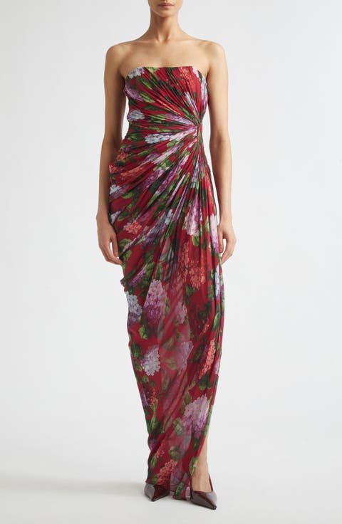 Hydrangea Print Strapless Ruched Silk Chiffon Gown