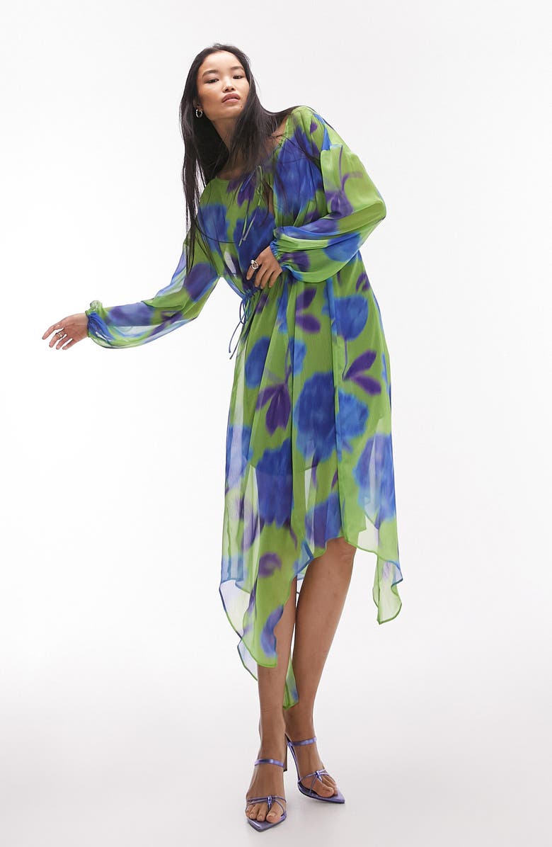 Topshop Long Sleeve Chiffon Midi Dress, Main, color, 