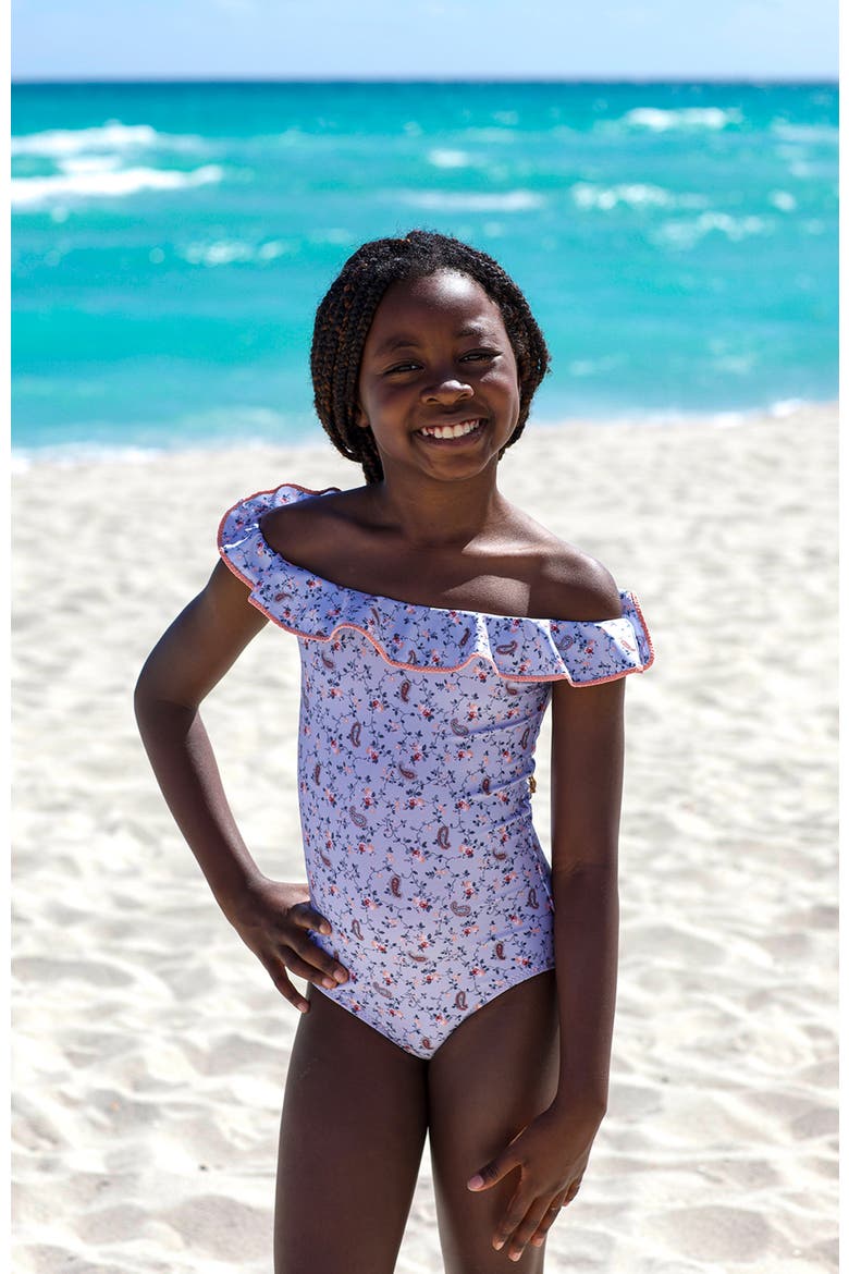 Off-Shoulder Lavender Blossom One-Piece Swimsuit, Alternate, color, Grey