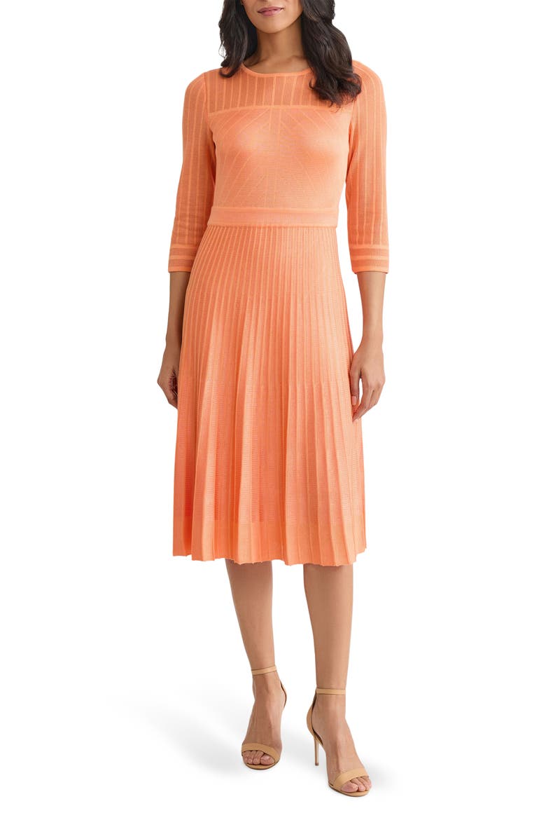 Pleated Geometric Knit Midi Dress, Main, color, AMBER GLOW