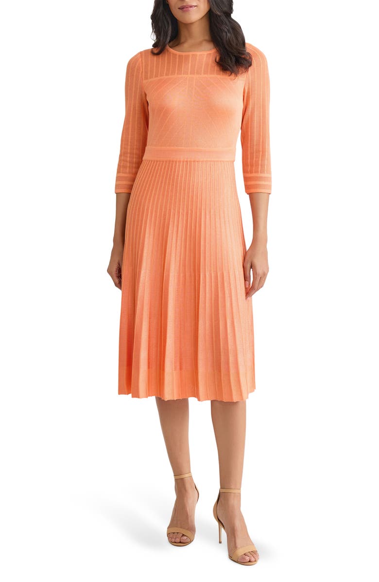 Misook Pleated Geometric Knit Midi Dress, Main, color, Amber Glow