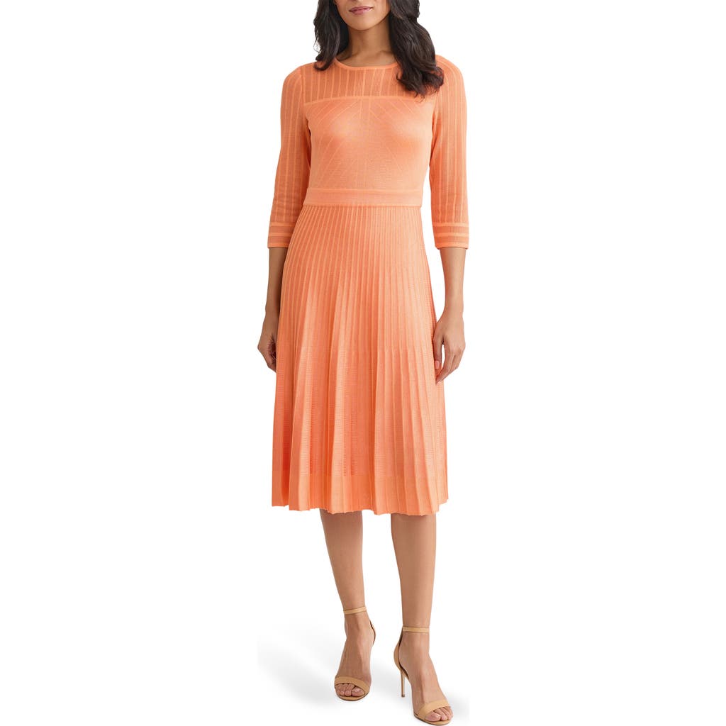 Misook Pleated Geometric Knit Midi Dress In Orange
