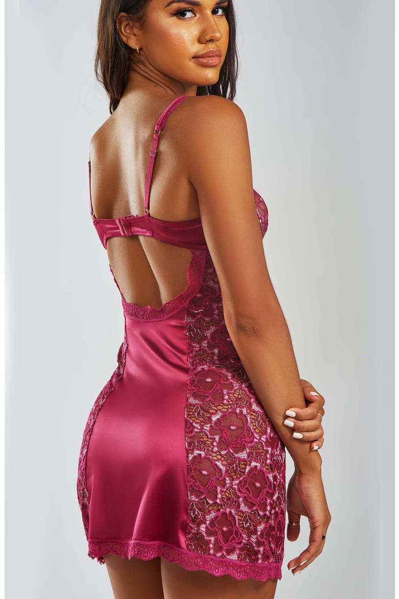 Two-Toned Lace & Satin Chemise Set, Alternate, color, Wine