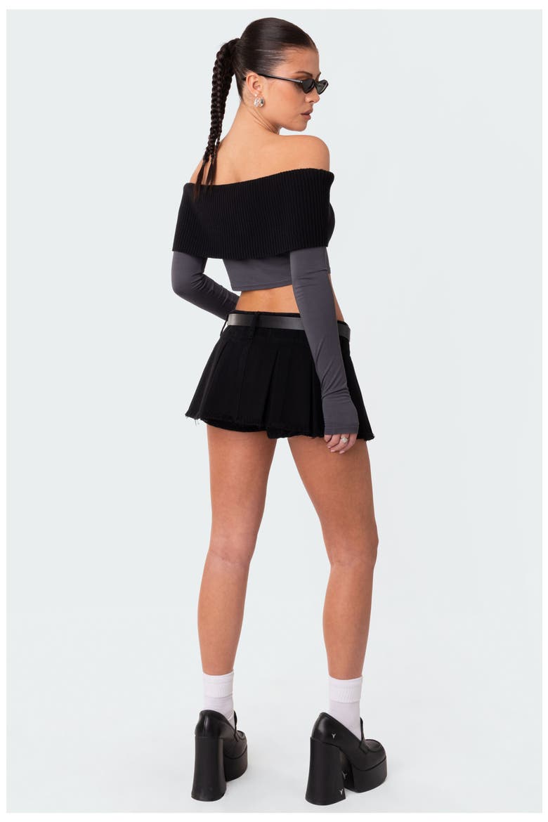 Low Rise Cotton Denim Mini Skort, Alternate, color, BLACK