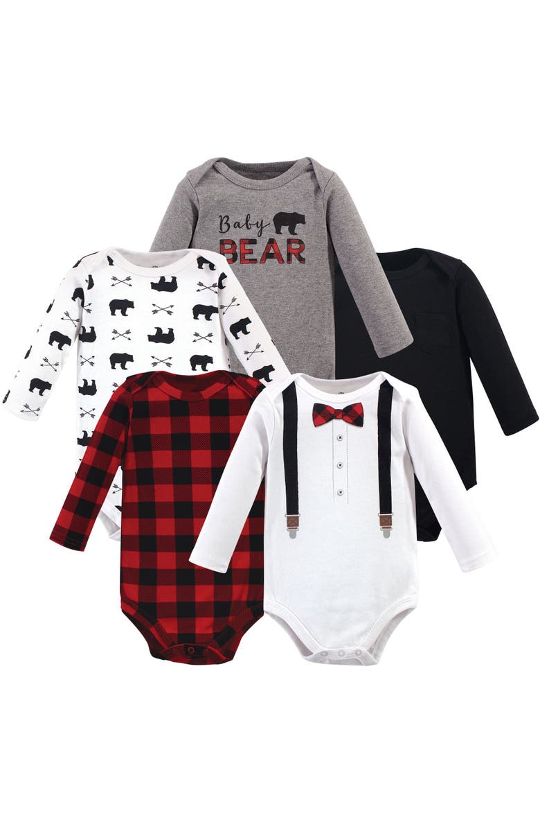 Little Treasure 5Pk Long Sleeve Bodysuits, Main, color, Lumberjack Bow Tie