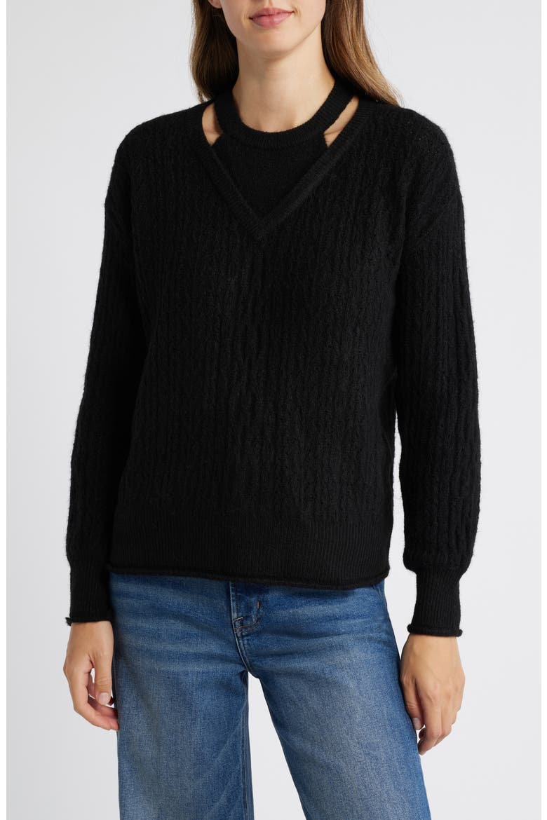 V-Neck Sweater with Bib, Main, color, BLACK