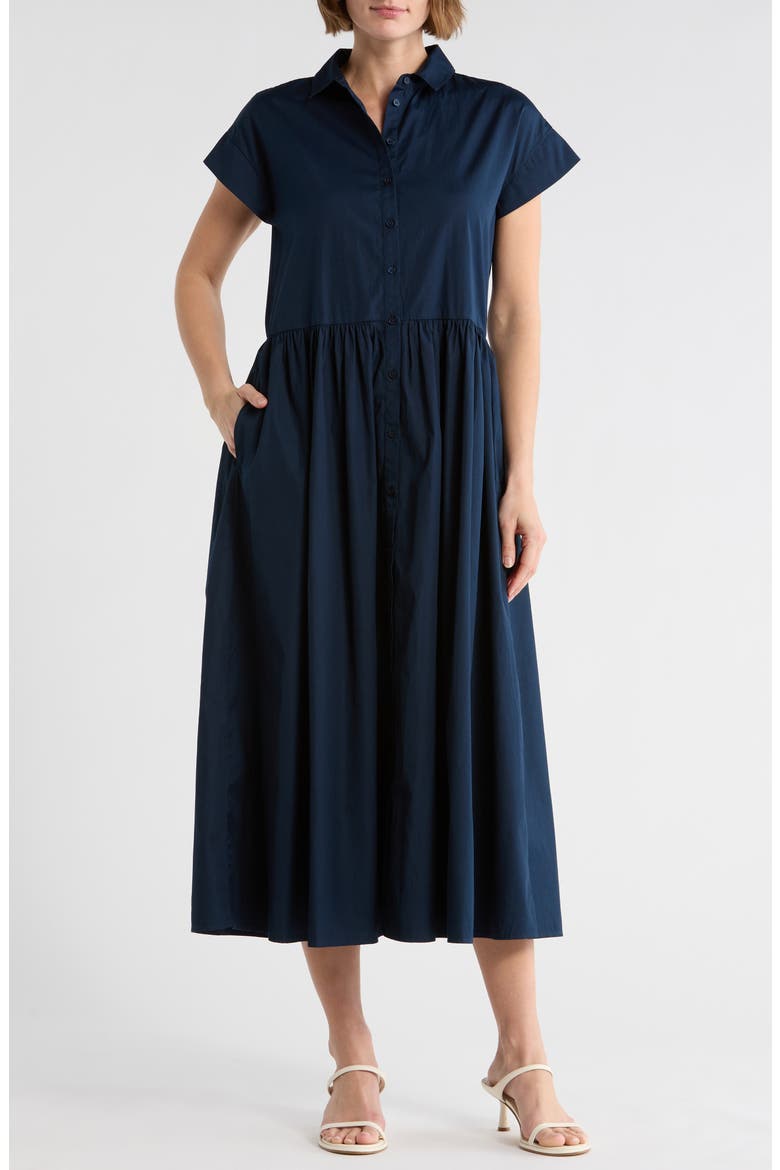 Drop Waist Button Front Cotton Midi Dress, Main, color, NAVY SAPPHIRE