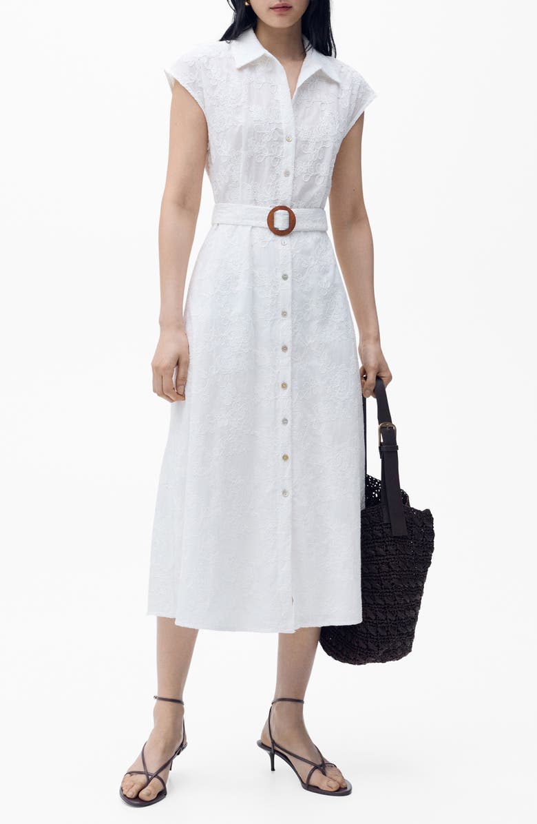 MANGO Floral Embroidered Cap Sleeve Cotton Shirtdress, Main, color, White