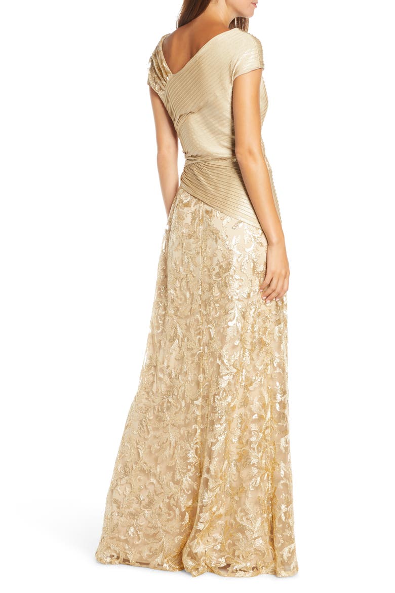 Pintuck Wrapped Embroidered Lace Gown, Alternate, color, GOLD