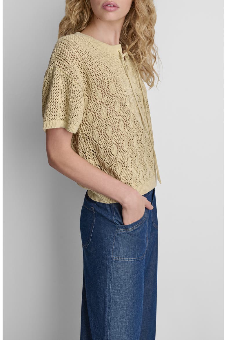 Lace-Up Placket Short Sleeve Semisheer Cotton Blend Pointelle Sweater, Alternate, color, MOJAVE DESERT