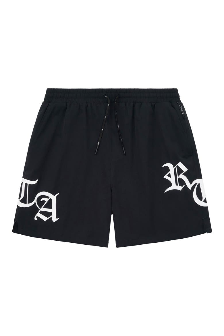 Mark Stretch Nylon Swim Trunks, Main, color, BLACK/ OLD ENGLISH