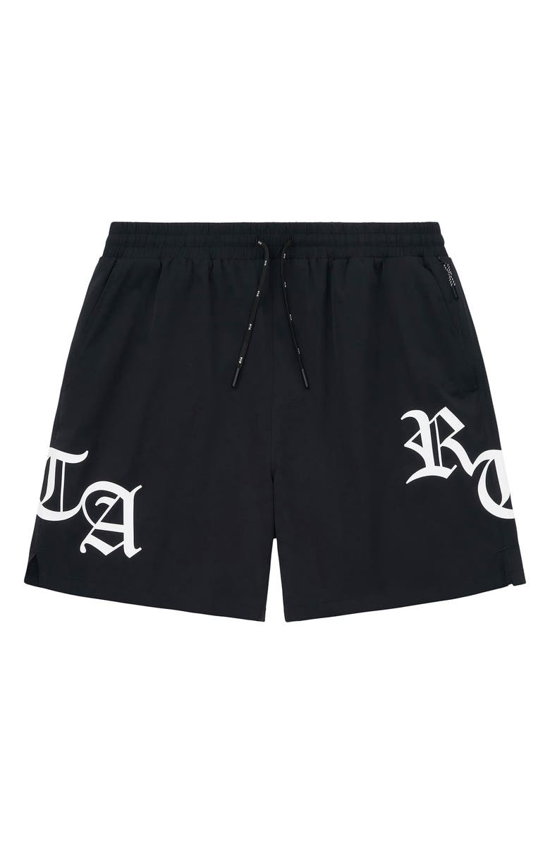 RtA Mark Stretch Nylon Swim Trunks, Main, color, Black/ Old English