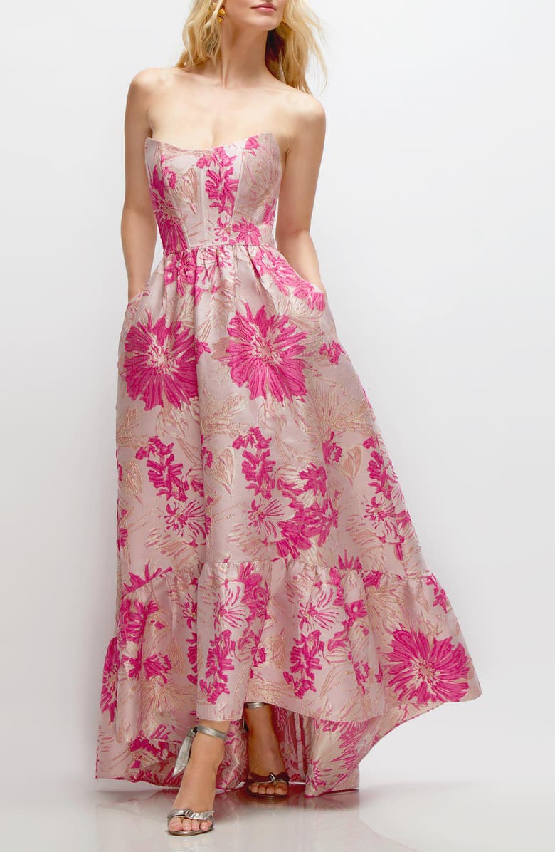 Dessy Collection Hibiskus Metallic Jacquard Strapless High-Low Gown, Main, color,
