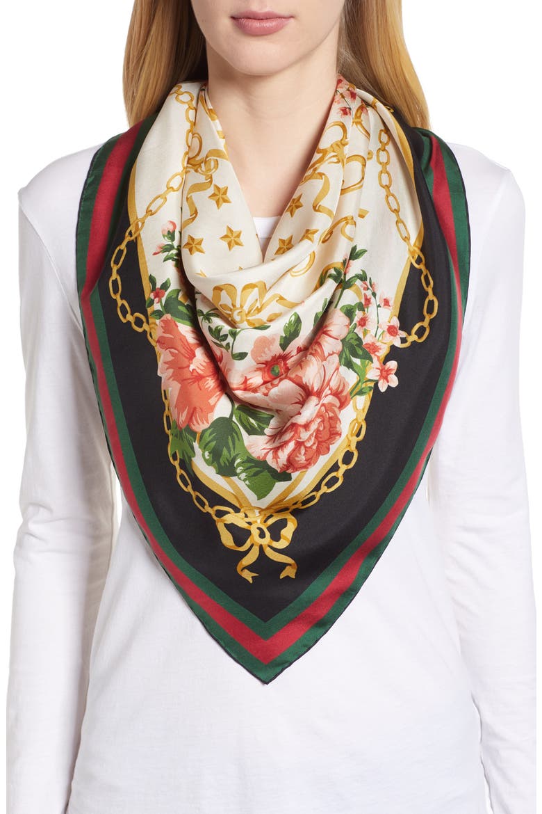 Rose Chain Foulard Silk Twill Scarf, Main, color, CREAM/ BLK