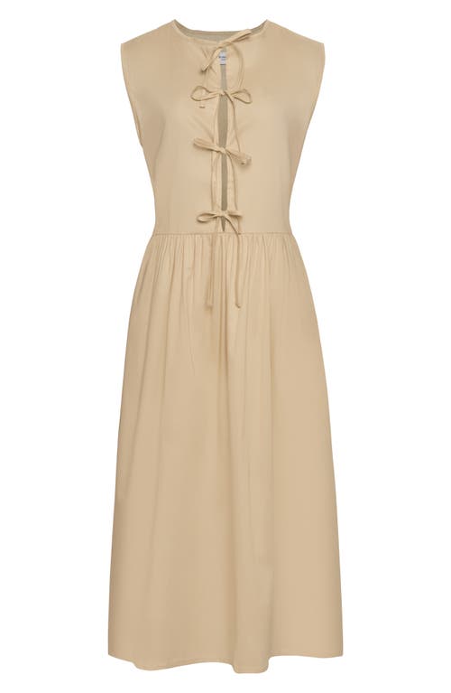 The Lulo Project Hortensia Tie Front Stretch Cotton Midi Dress In Camel