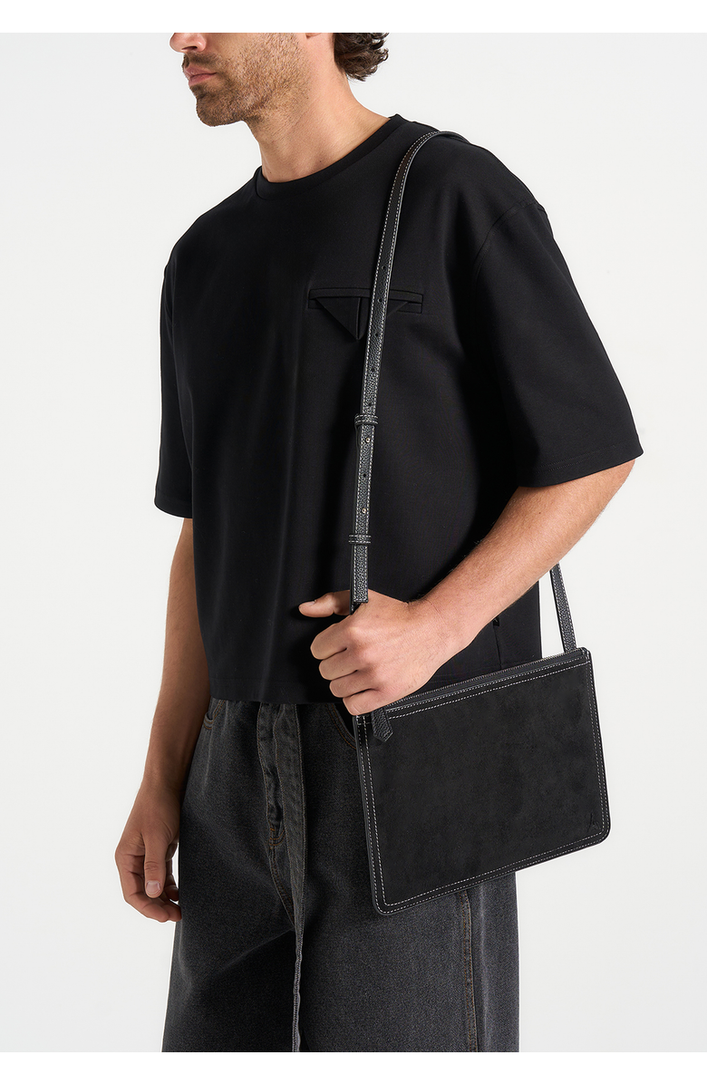 Manière De Voir Elio Suede Contrast Stitch Crossbody Bag, Main, color, Black