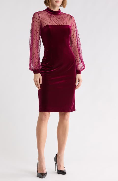 Flocked Long Sleeve Velvet Sheath Dress