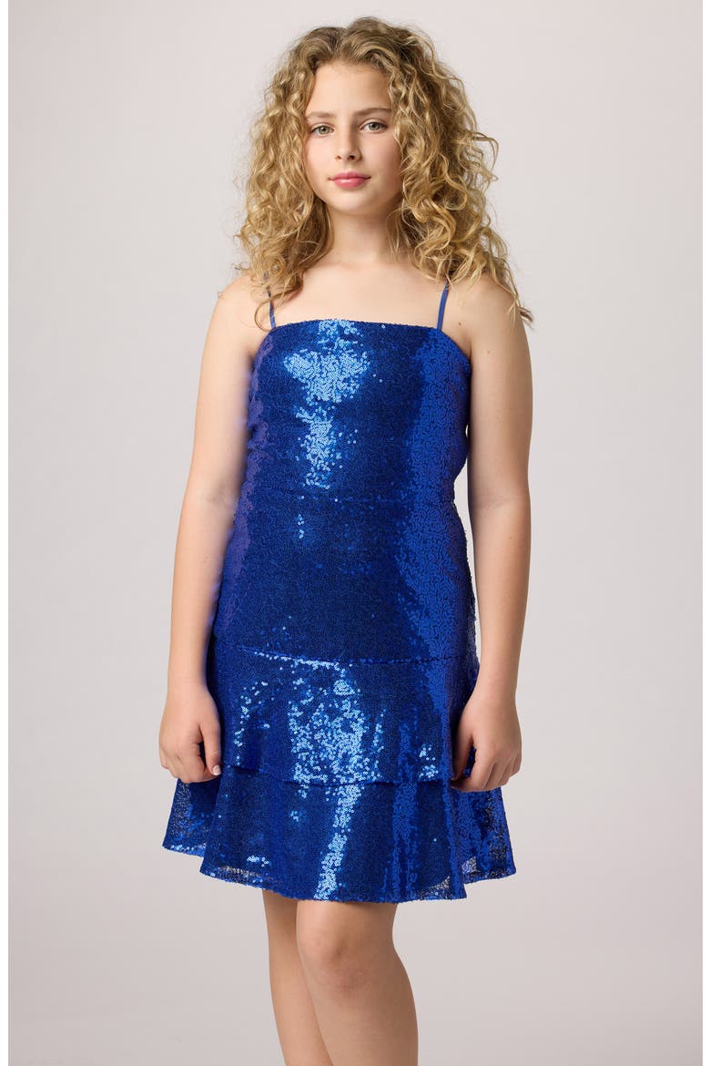 Sequin Bow Back Tiered Dress, Main, color, COBALT