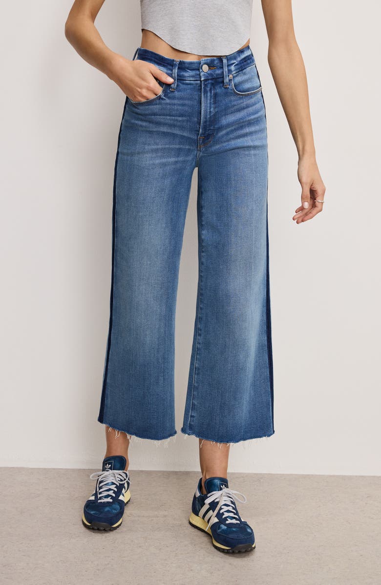 Good American Good Waist Side Stripe Frayed Crop Palazzo Jeans, Alternate, color, Indigo857