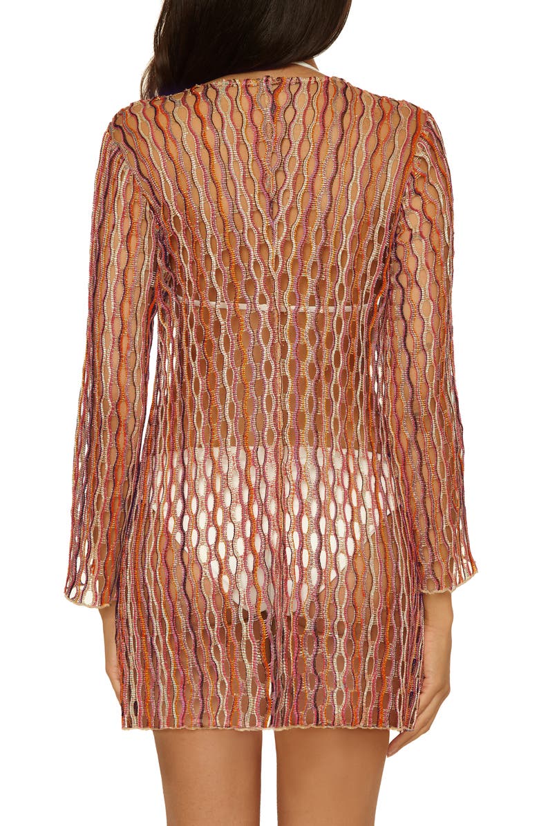 Becca Desert Dancer Metallic Long Sleeve Sheer Cover-Up Dress, Alternate, color, Caliente Multi