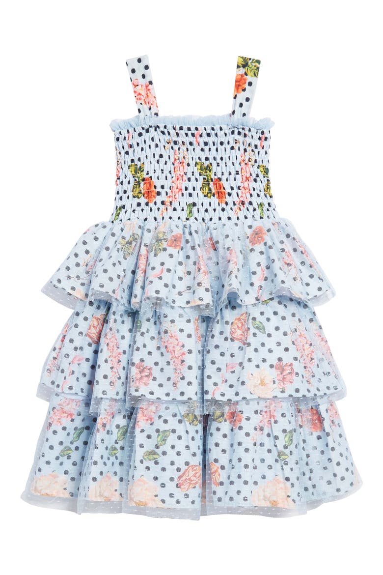 Kids' Tiered Polka Dot Dress, Main, color, DUSTY BLUE