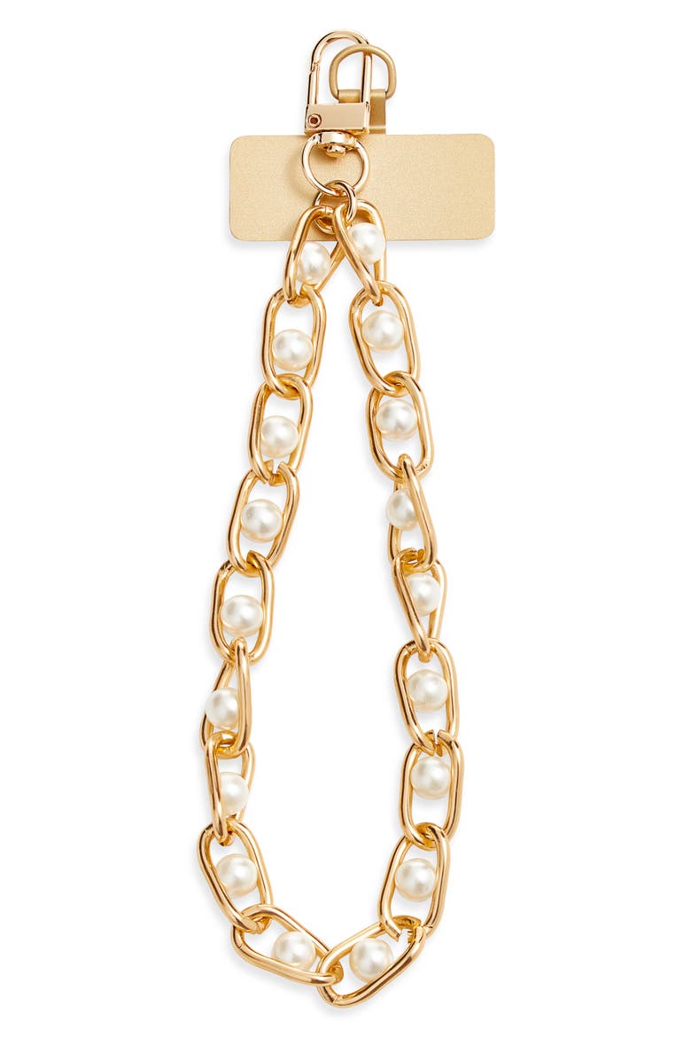 Faux Pearl Chain Link Phone Wrist Strap, Main, color, WHITE- GOLD