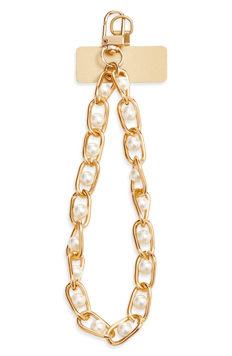 Chelsea28 Faux Pearl Chain Link Phone Wrist Strap, Main, color, White- Gold