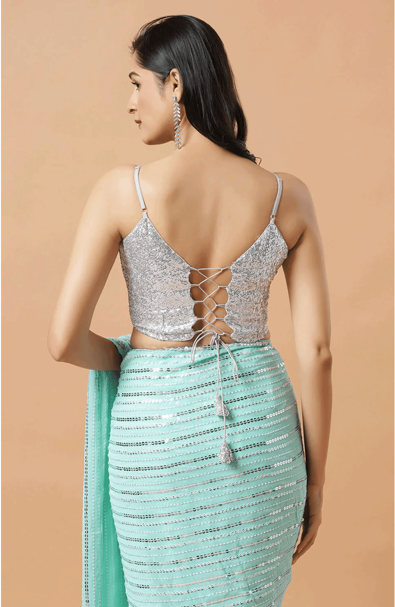 One Minute Saree<sup>®</sup> Ariel Silver Sequin Adjustable Spaghetti Strap Criss Cross Tie-Back Blouse, Alternate, color, 
