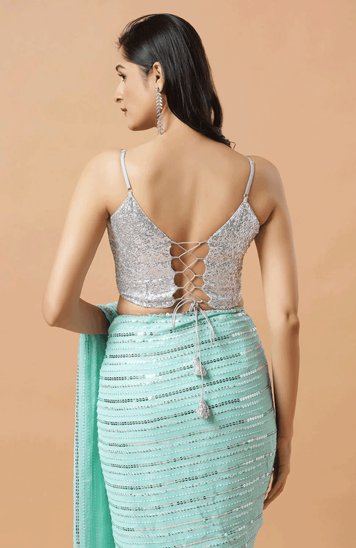 One Minute Saree® Ariel Silver Sequin Adjustable Spaghetti Strap Criss Cross Tie-back Blouse In Gray